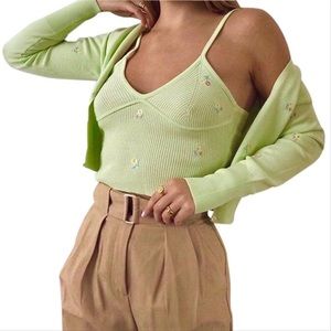 Zara Green Floral Knit Cropped Set